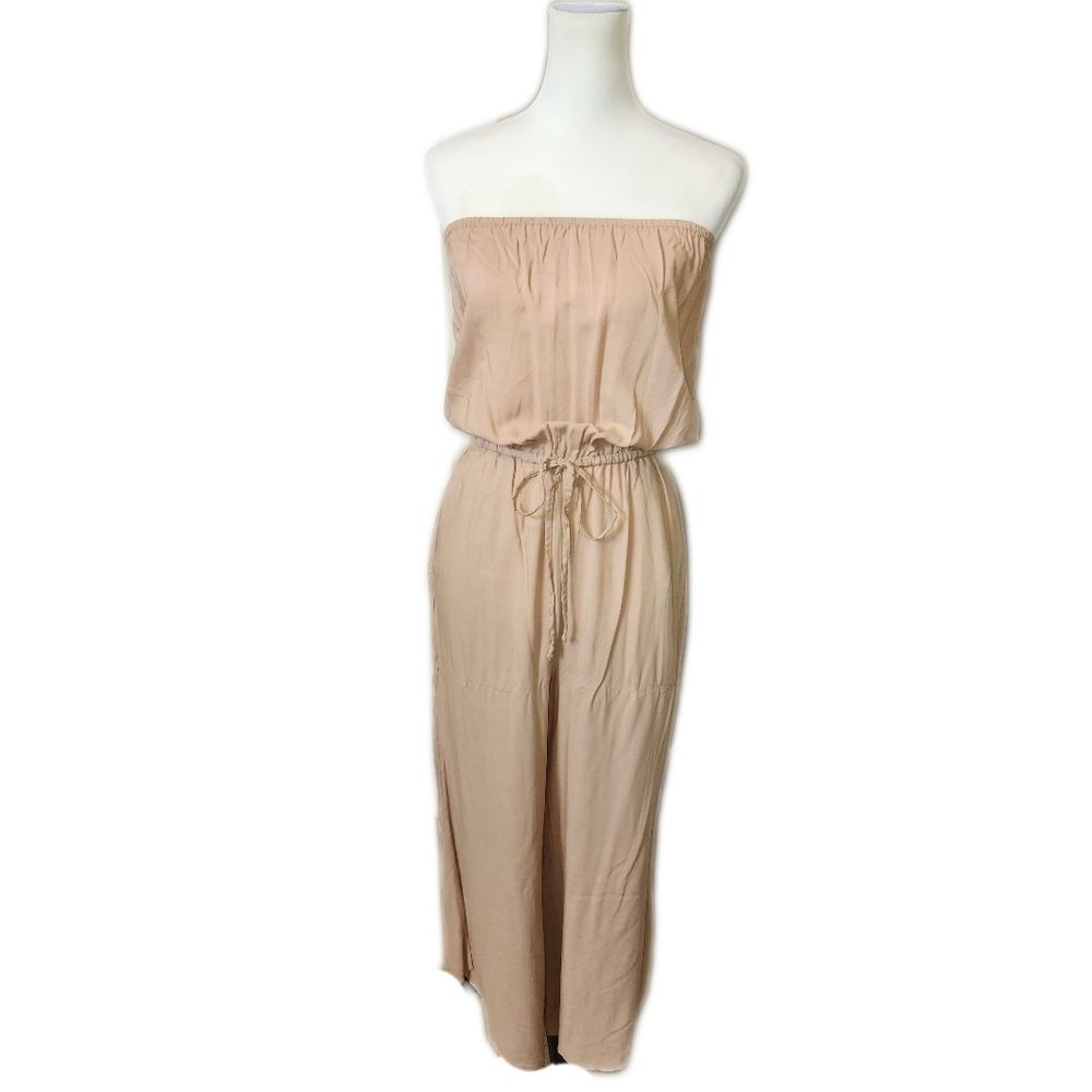 Venus Taupe Tan Strapless Jumpsuit Cropped Wide Leg Pants, Pockets, S